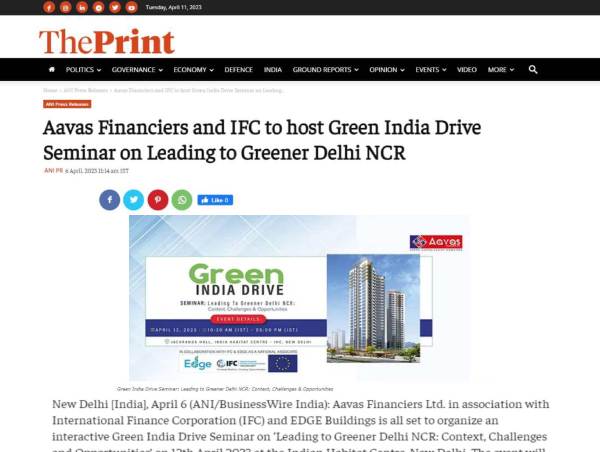 Aavas Financiers and IFC to host Green India Drive Seminar on Leading to Greener Delhi NCR