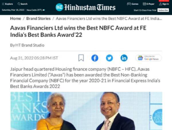 Aavas Financiers Ltd wins the Best NBFC Award at FE India’s Best Banks Award’22