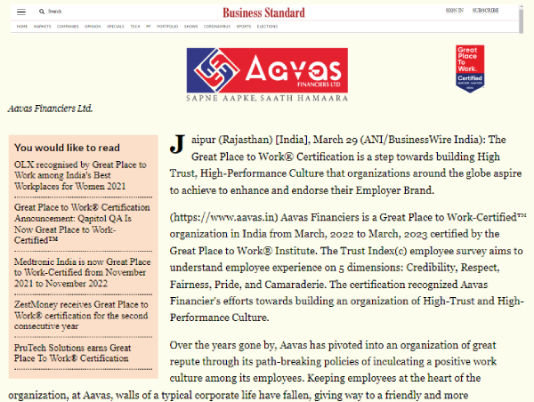 Aavas Financiers Ltd is now Great Place to Work-Certified™ - Business Standard